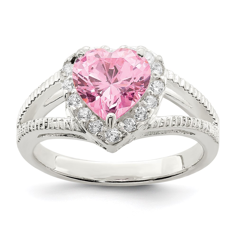 925 Sterling Silver Pink Cz (Cubic Zirconia) Heart Ring
